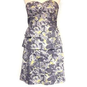 J.Crew Strapless Floral Tiered Dress Size 6 Gray Yellow Cotton Party Cocktail